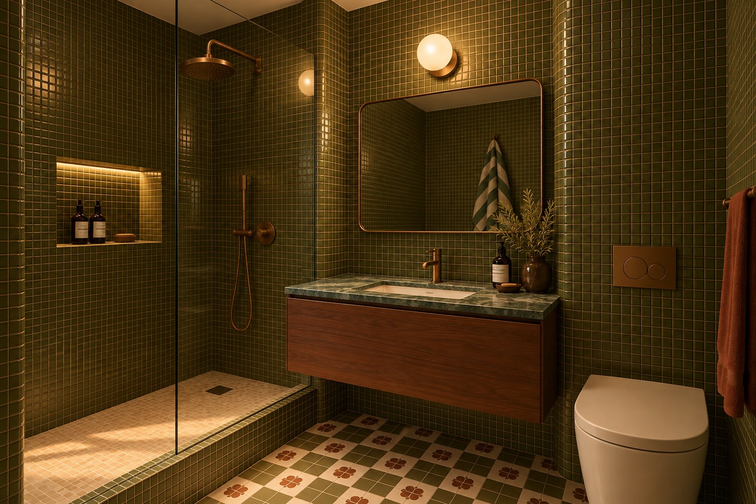 Carme — bathroom in moss green with green marble and walnut