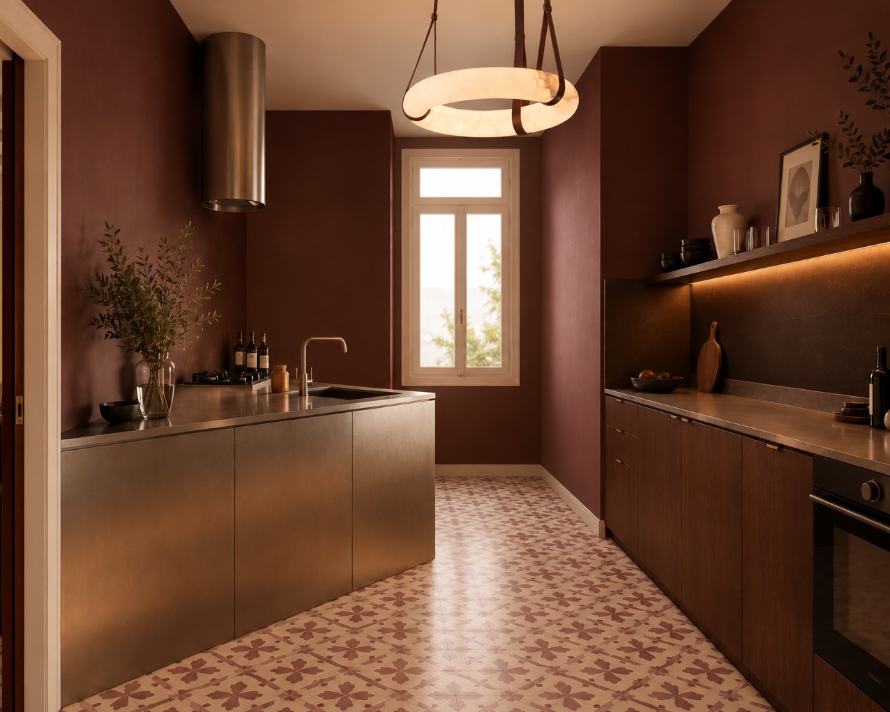 Carme — kitchen with a stainless steel island and bordeaux walls