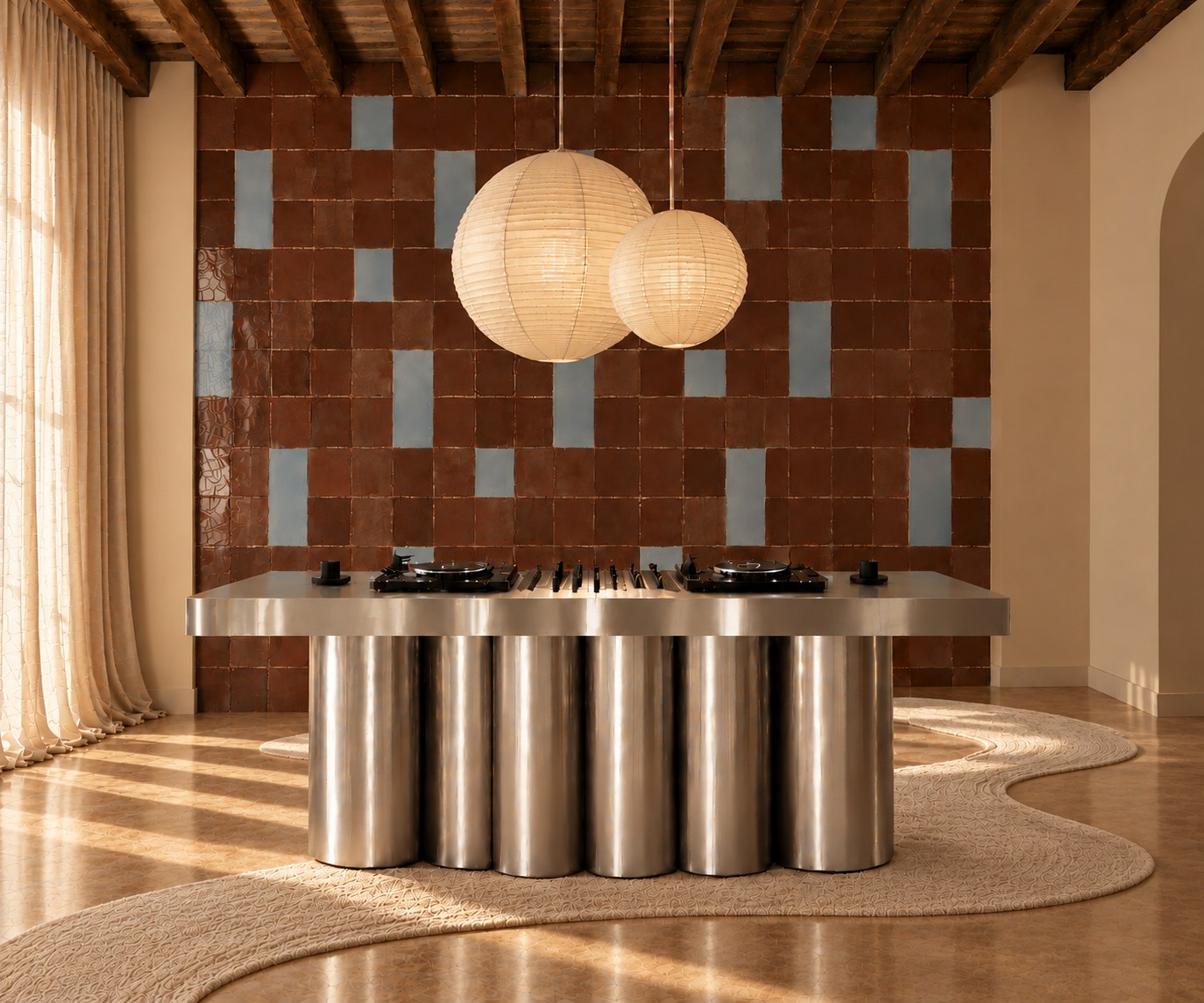Sirocco — brushed steel DJ counter with two turntables in a Mediterranean villa