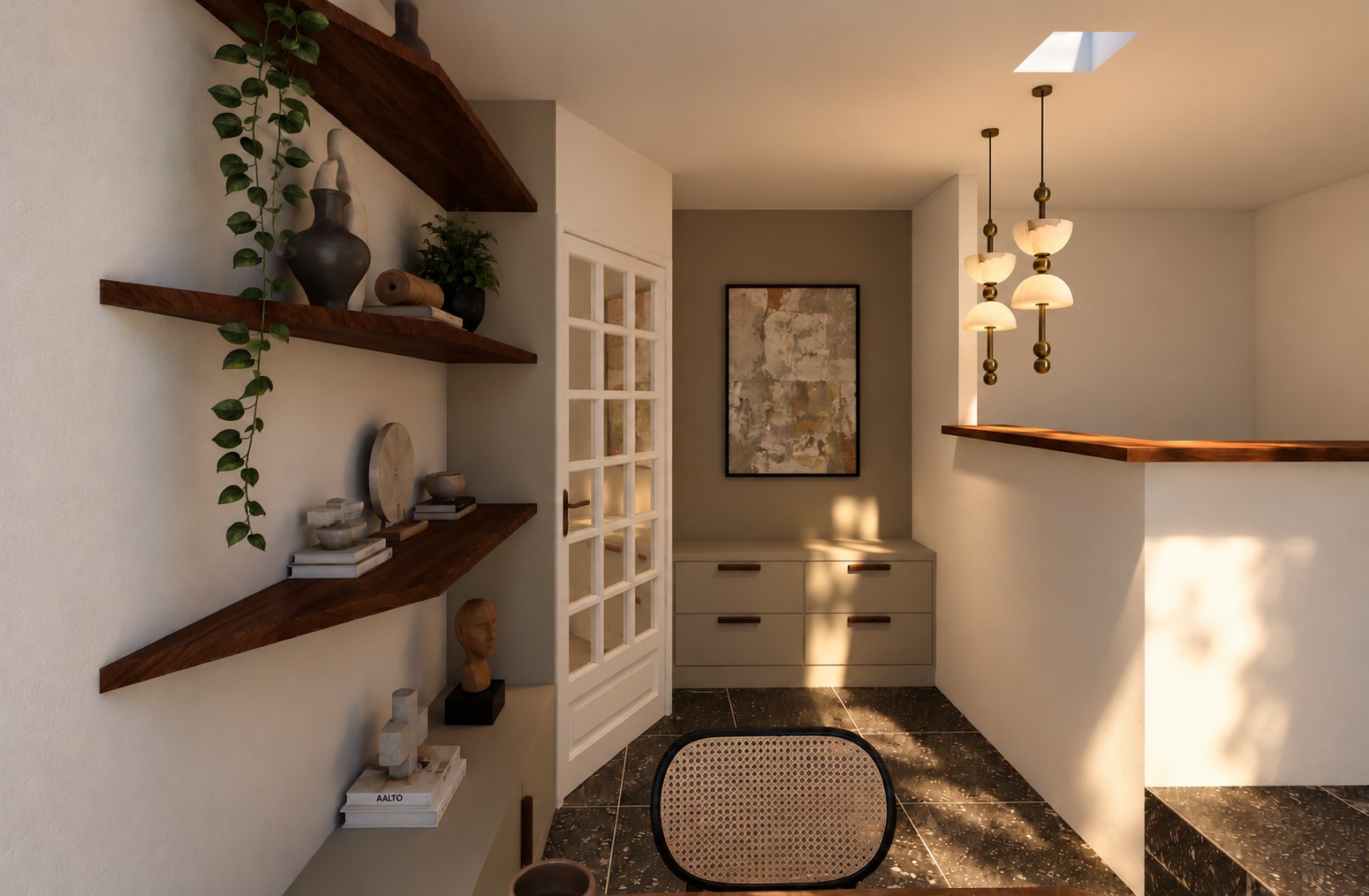 Montgallet — hallway nook with floating oak shelves and cane chair